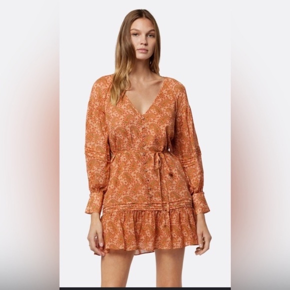 Joie‎ Women's Bree orange caramel multi Mini Silk long sleeve Dress size 4 - Picture 1 of 14